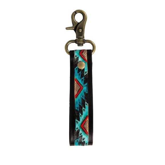Myra Swim Accessories - Myra Bag Mesa Verde Aztec Keychain FOB Red Turquoise Black Tooled Leather S-7545